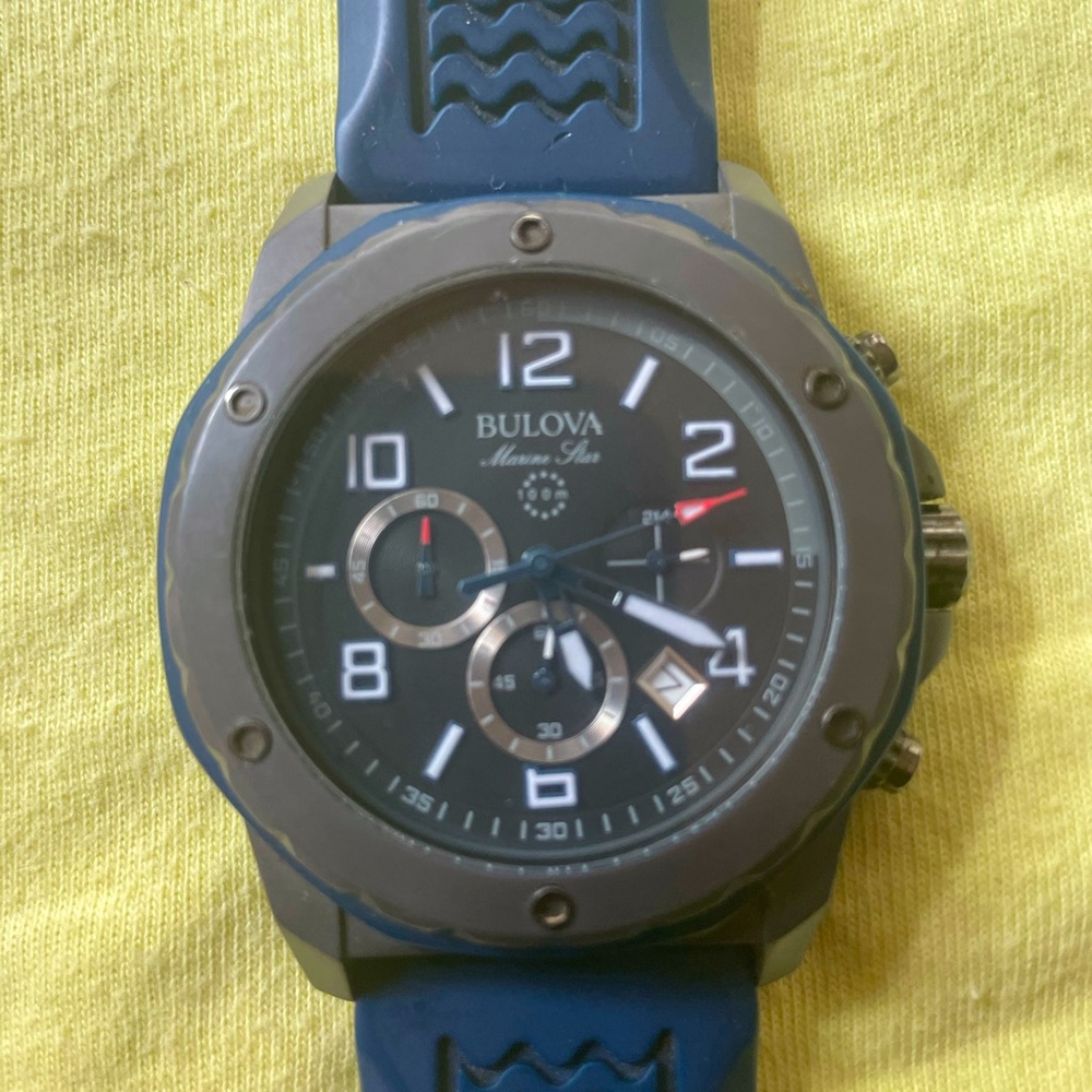 Bulova Men’s Watch, blue rubber band, good conditi
